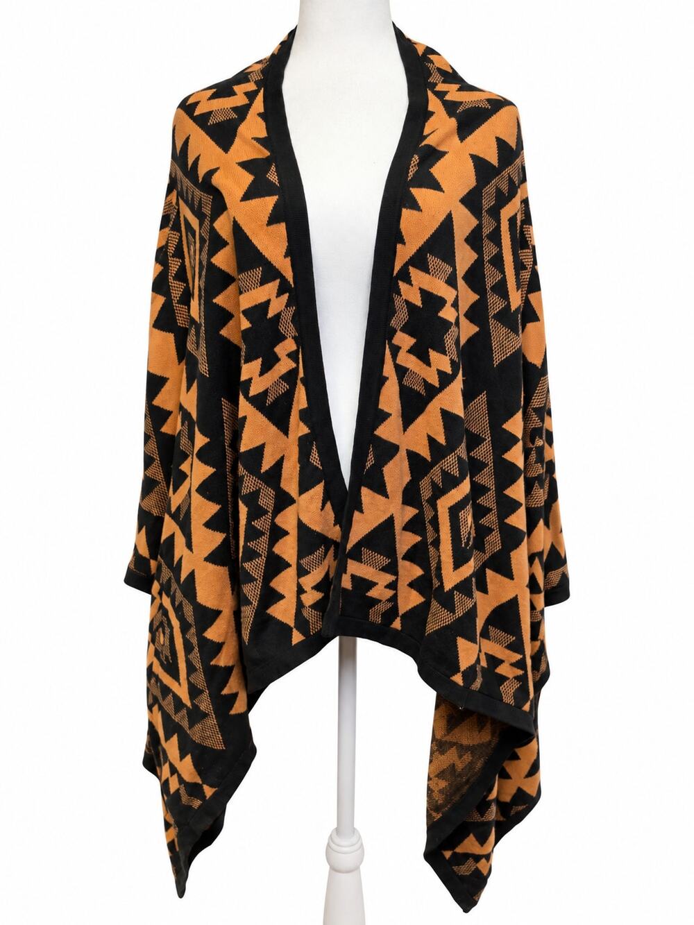 Fab’rik Aztec Geometric Long Draped Cardigan Poncho NWT Size M Black Tan Boho